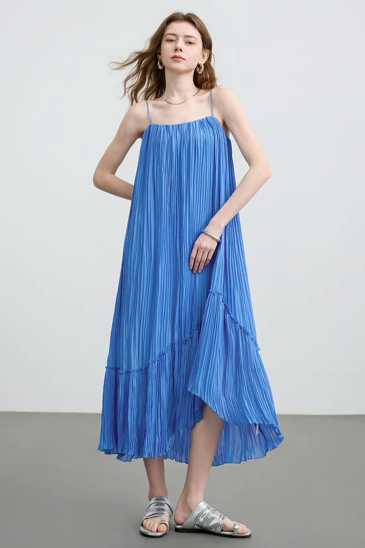 Blue Pleated Spaghetti Strap Dress