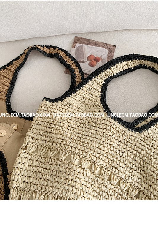 Lazy Vacation Style Woven Tote Bag - Large Capacity, Crochet Hollow Out, Beach Shoulder Bag for Women