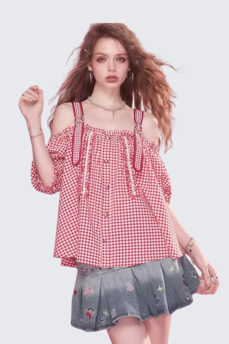 Red Checkered Off-Shoulder Top
