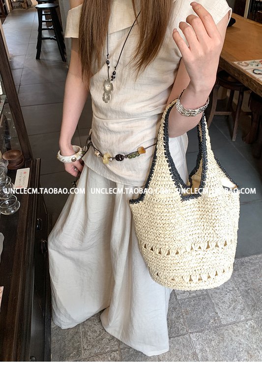 Lazy Vacation Style Woven Tote Bag - Large Capacity, Crochet Hollow Out, Beach Shoulder Bag for Women