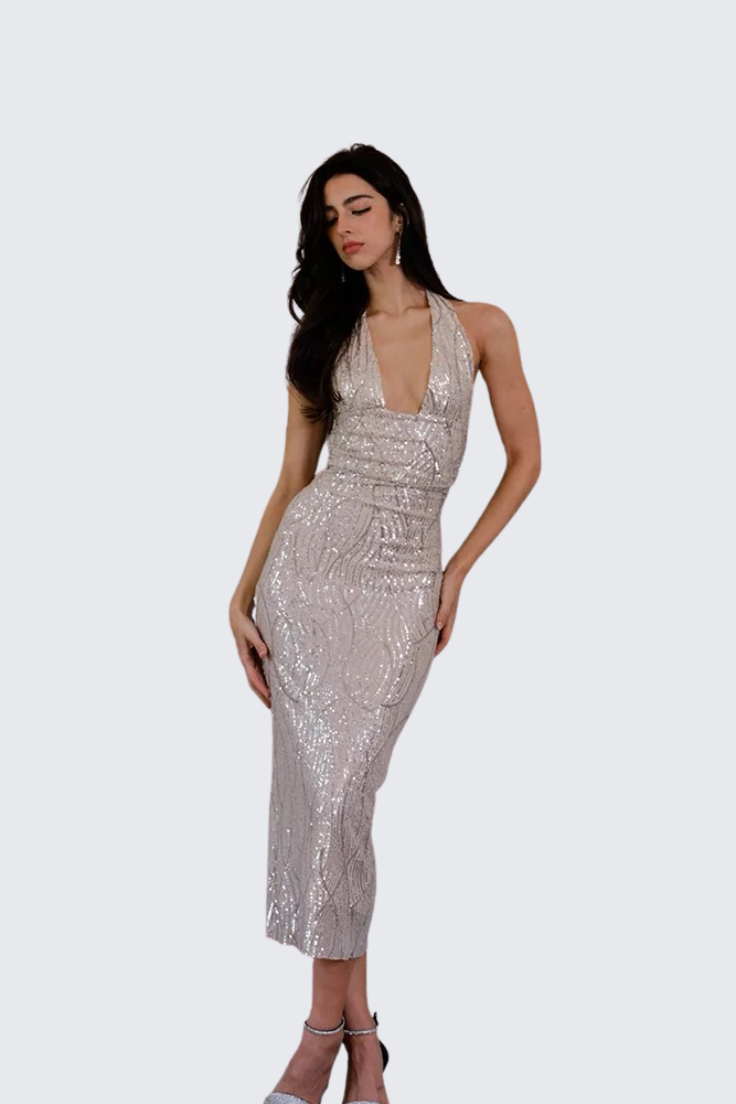 Deep V Rhinestone Gown