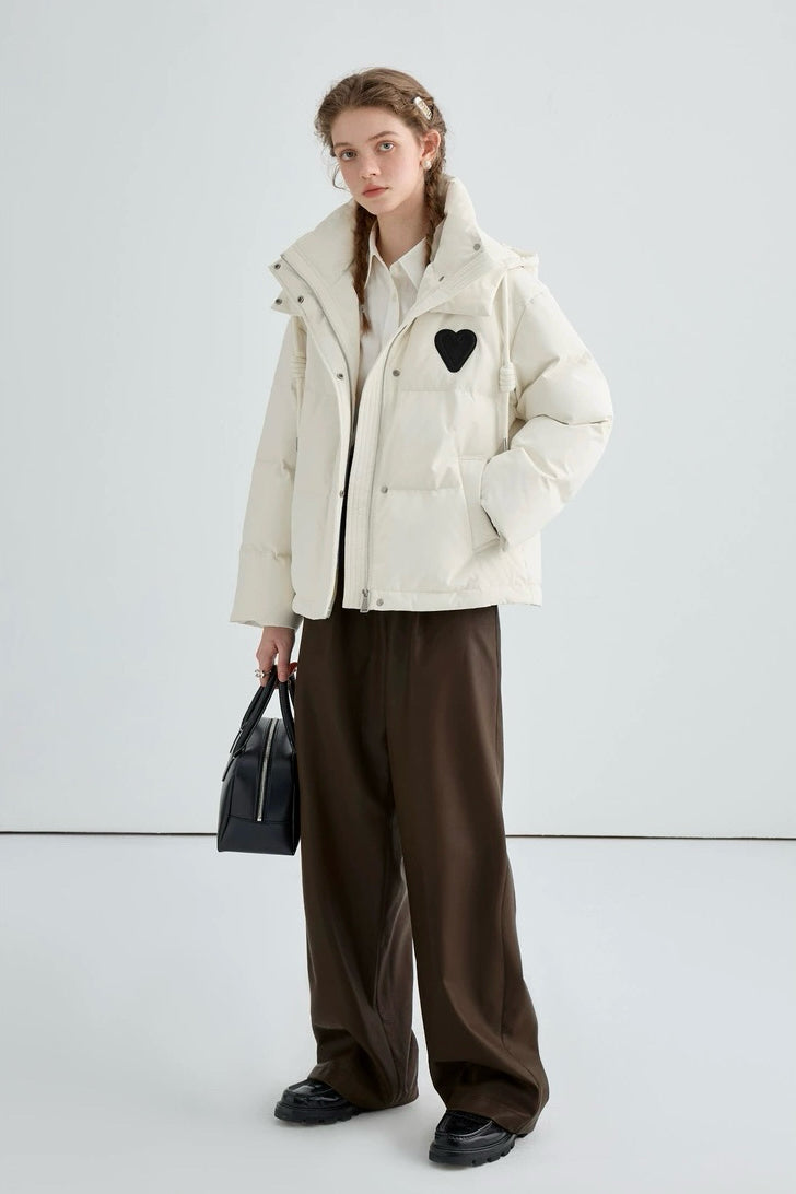 Heart Embroidered Hooded Down Jacket