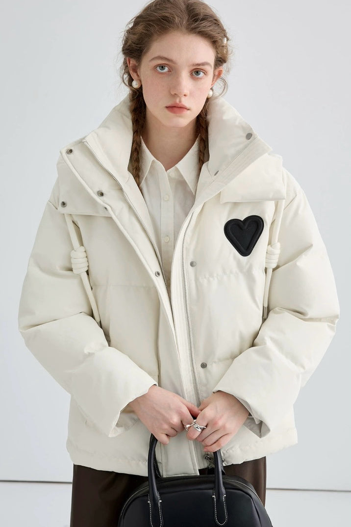 Heart Embroidered Hooded Down Jacket
