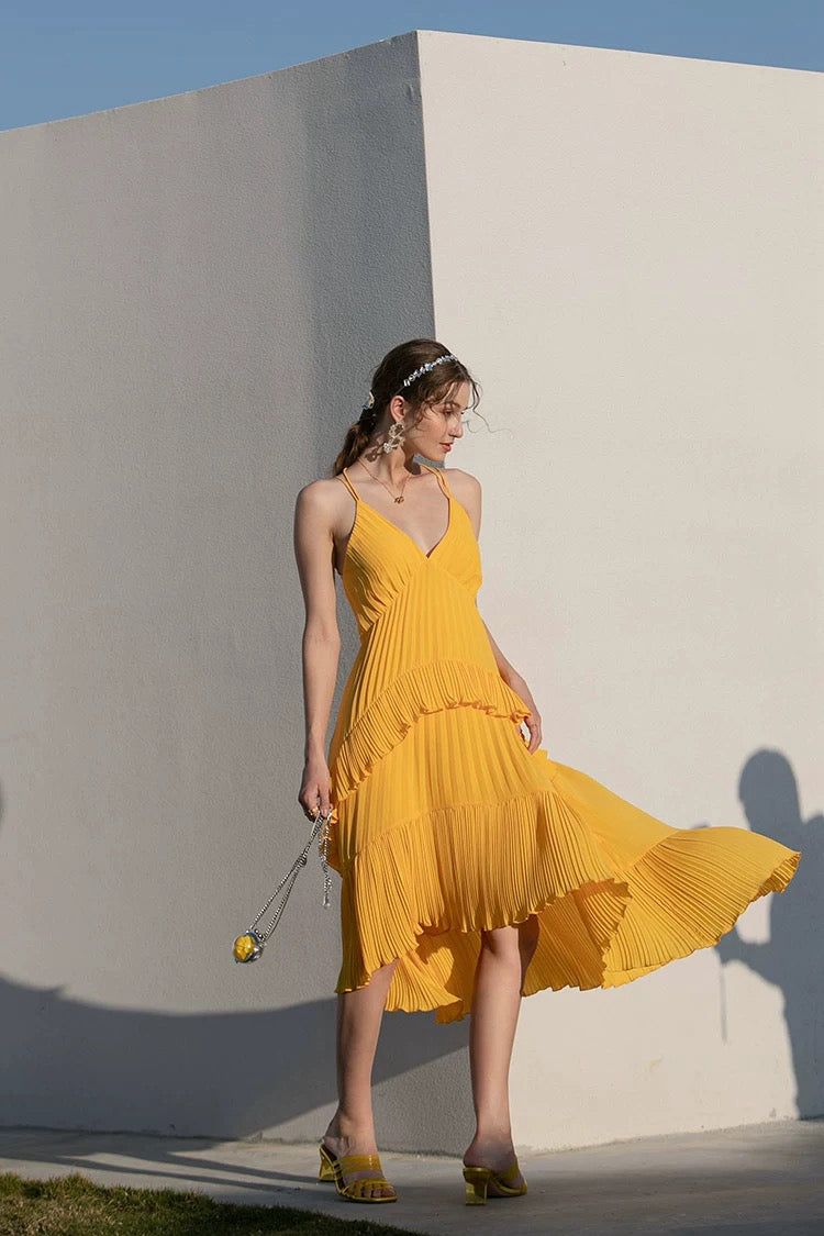 Yellow Pleated Spaghetti Strap Dress