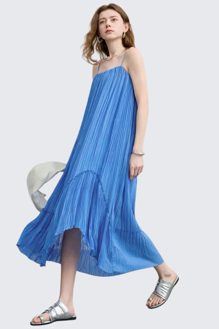 Blue Pleated Spaghetti Strap Dress