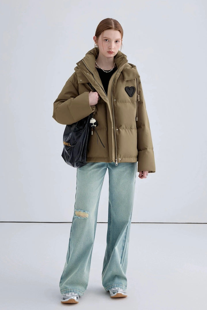 Heart Embroidered Hooded Down Jacket