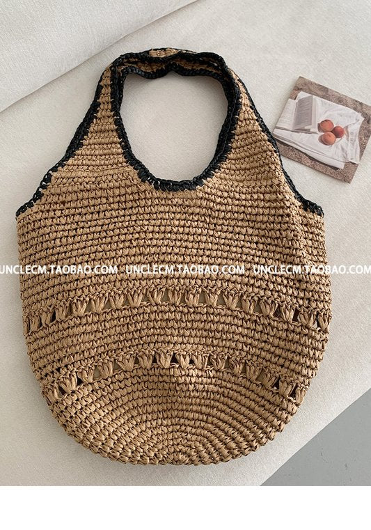 Lazy Vacation Style Woven Tote Bag - Large Capacity, Crochet Hollow Out, Beach Shoulder Bag for Women
