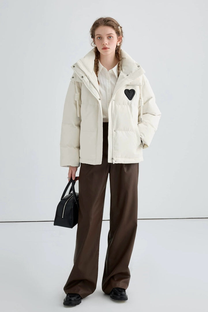 Heart Embroidered Hooded Down Jacket