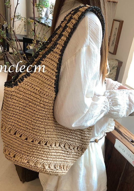 Lazy Vacation Style Woven Tote Bag - Large Capacity, Crochet Hollow Out, Beach Shoulder Bag for Women