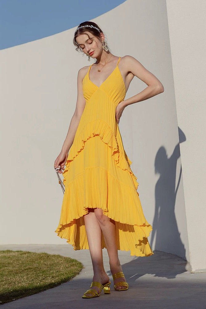 Yellow Pleated Spaghetti Strap Dress