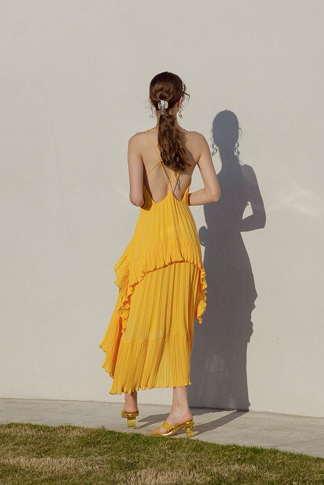 Yellow Pleated Spaghetti Strap Dress