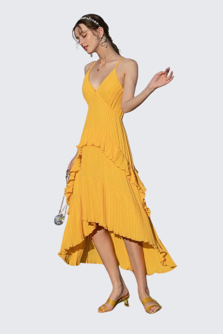 Yellow Pleated Spaghetti Strap Dress