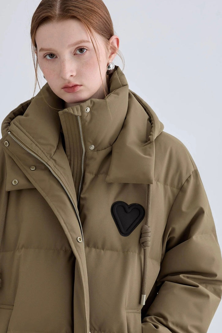 Heart Embroidered Hooded Down Jacket