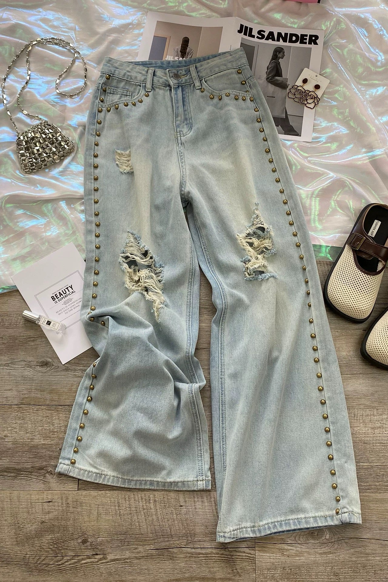 Ripped Pearl-Studded Jeans