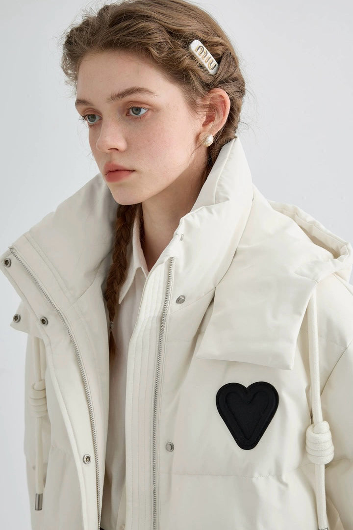 Heart Embroidered Hooded Down Jacket