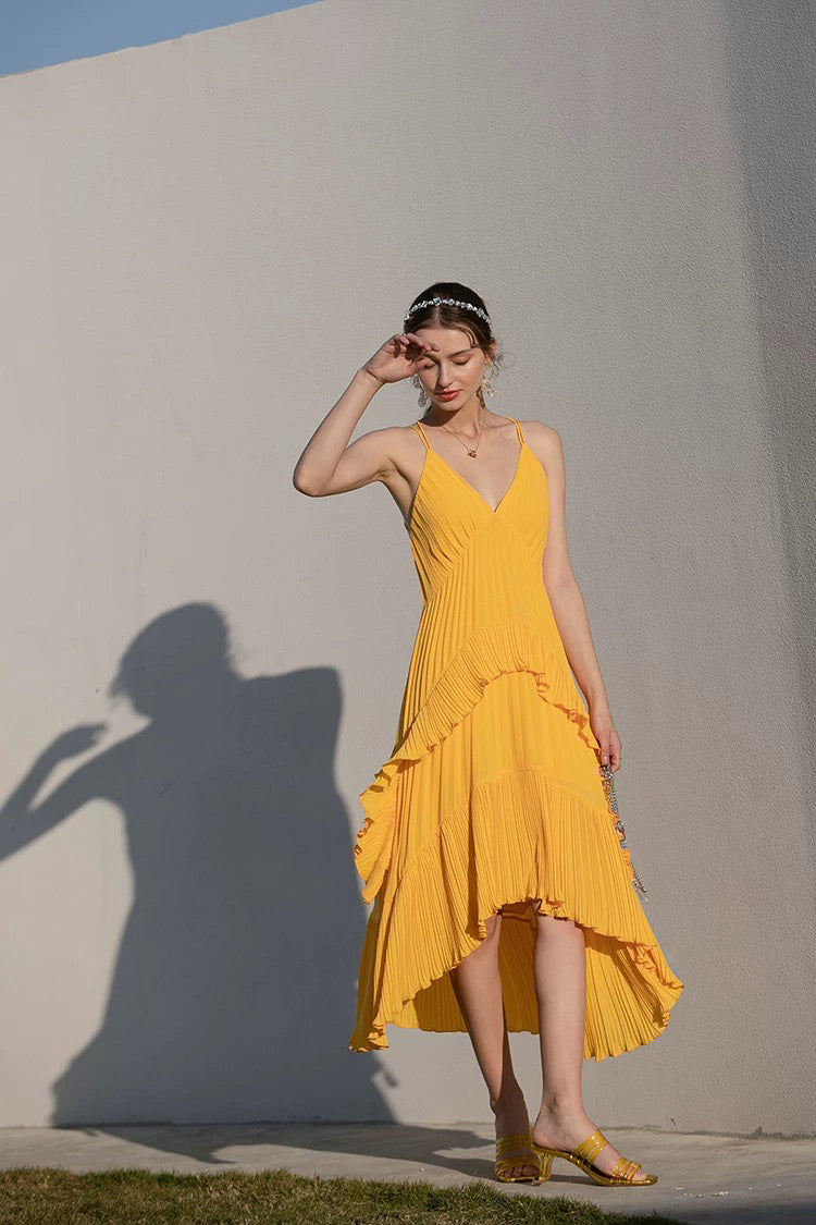 Yellow Pleated Spaghetti Strap Dress