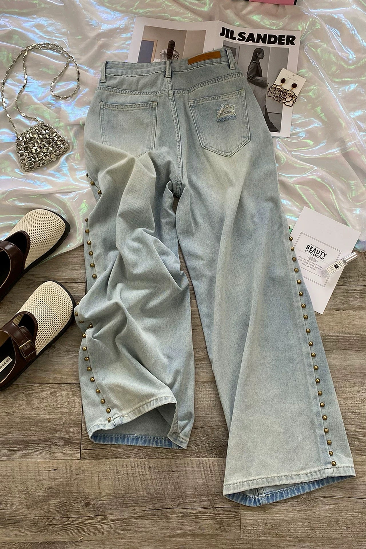 Ripped Pearl-Studded Jeans