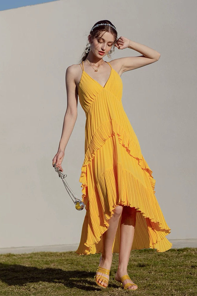 Yellow Pleated Spaghetti Strap Dress