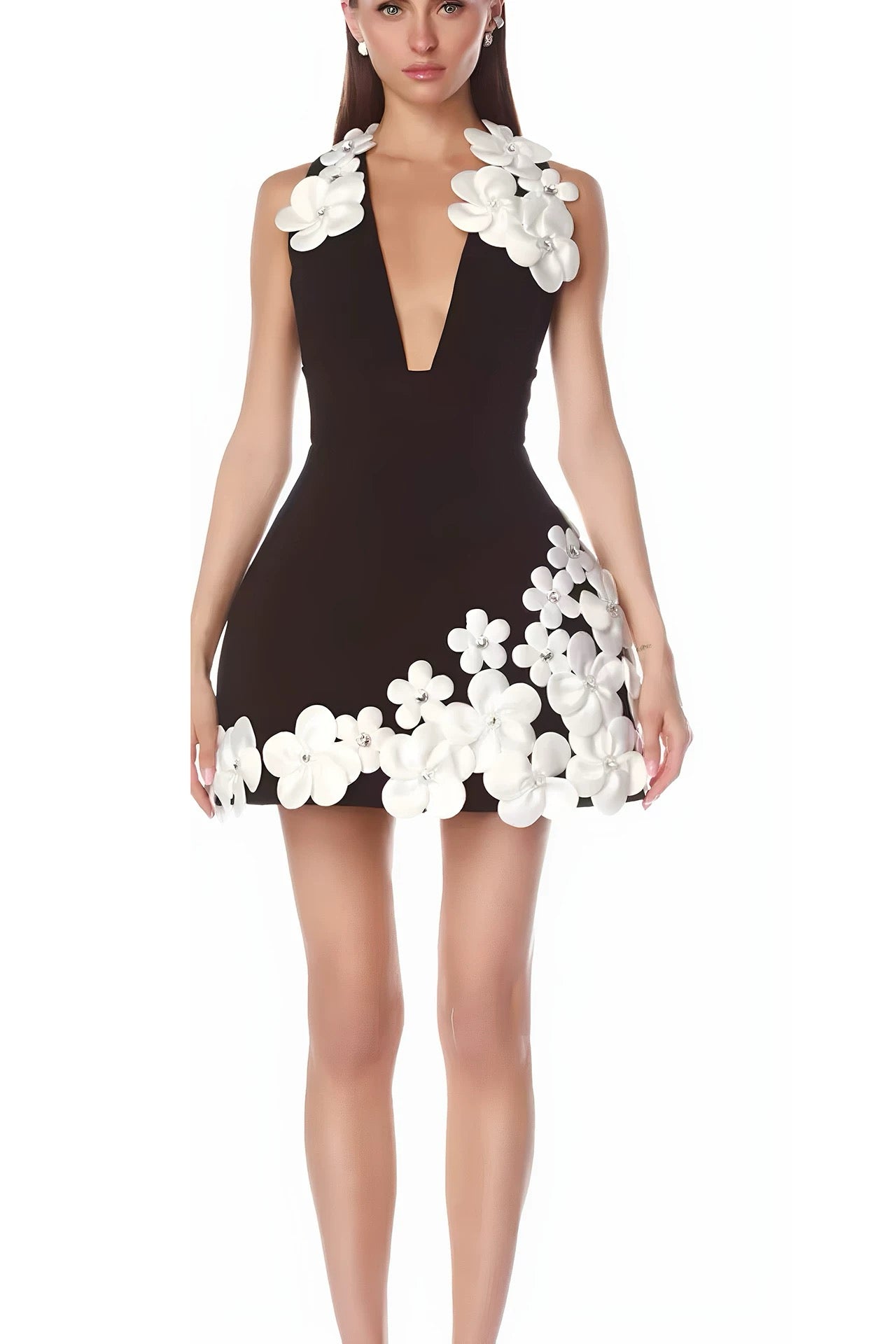 Black and White 3D Floral Dress