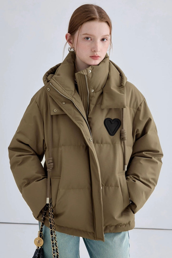 Heart Embroidered Hooded Down Jacket