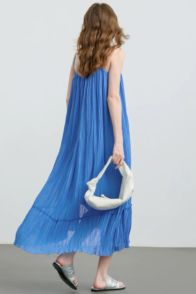 Blue Pleated Spaghetti Strap Dress