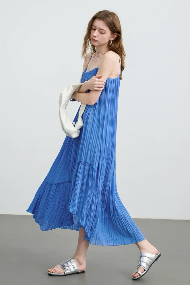 Blue Pleated Spaghetti Strap Dress