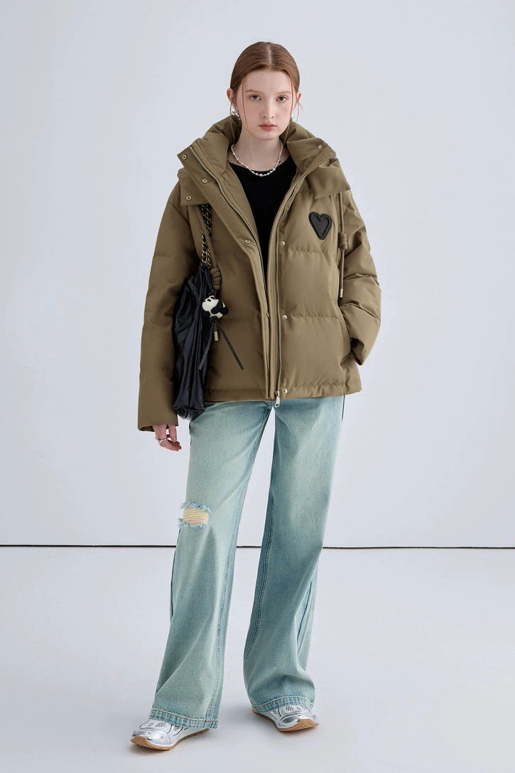 Heart Embroidered Hooded Down Jacket