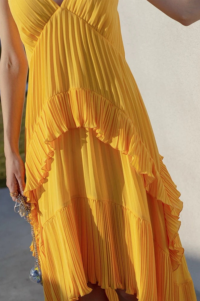 Yellow Pleated Spaghetti Strap Dress