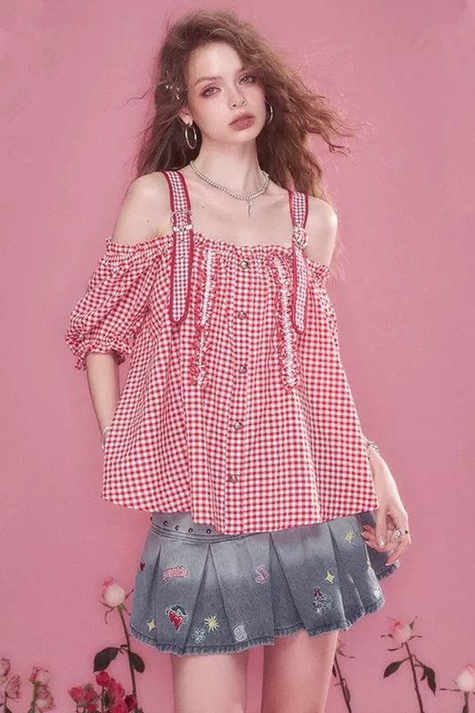 Red Checkered Off-Shoulder Top