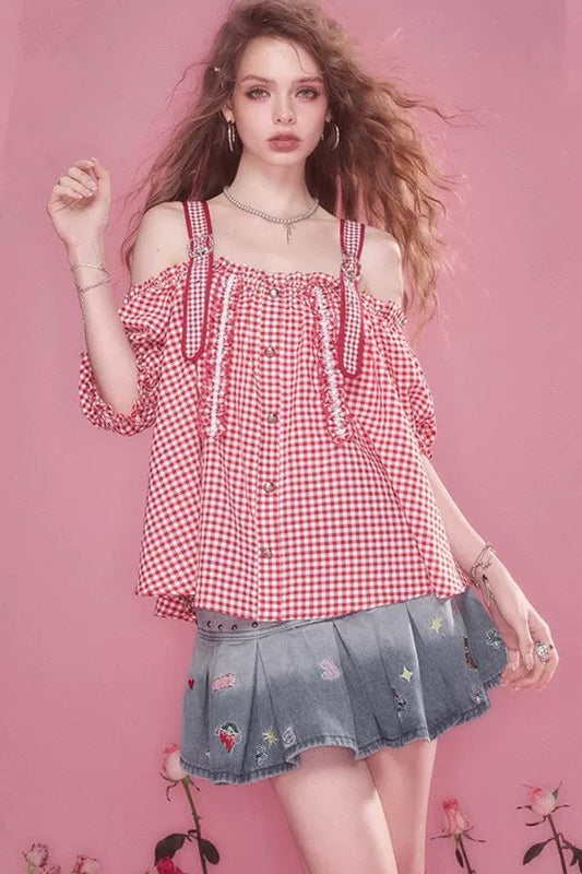 Red Checkered Off-Shoulder Top