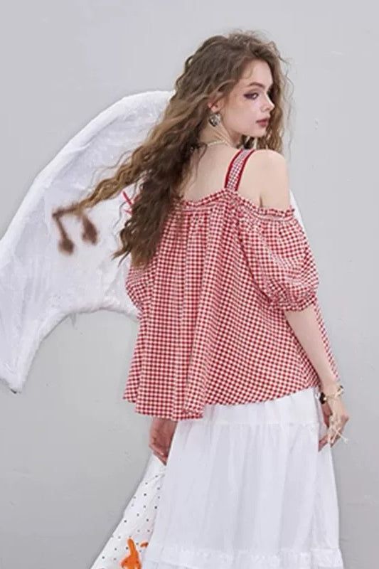 Red Checkered Off-Shoulder Top