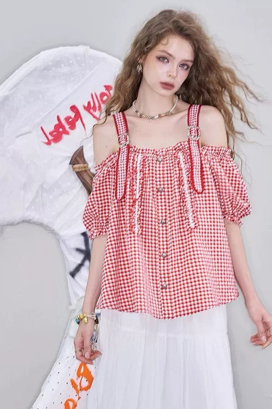 Red Checkered Off-Shoulder Top