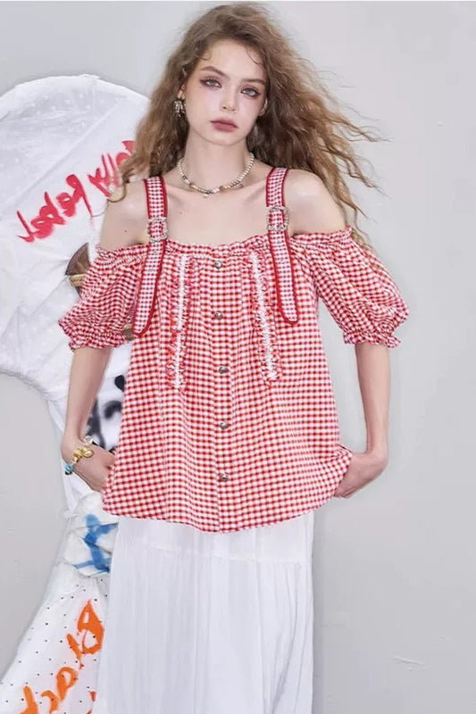 Red Checkered Off-Shoulder Top