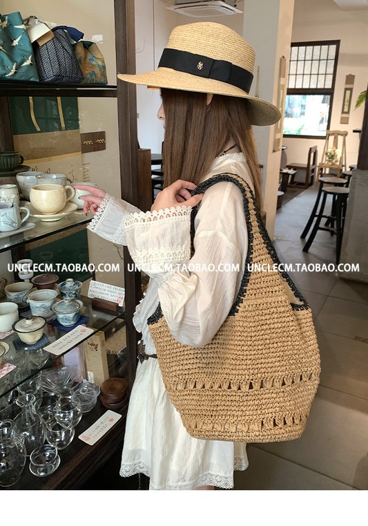 Lazy Vacation Style Woven Tote Bag - Large Capacity, Crochet Hollow Out, Beach Shoulder Bag for Women