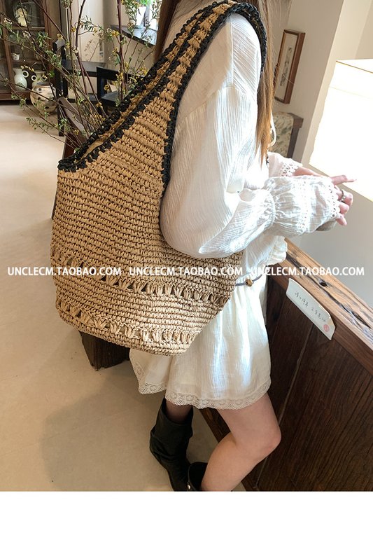 Lazy Vacation Style Woven Tote Bag - Large Capacity, Crochet Hollow Out, Beach Shoulder Bag for Women