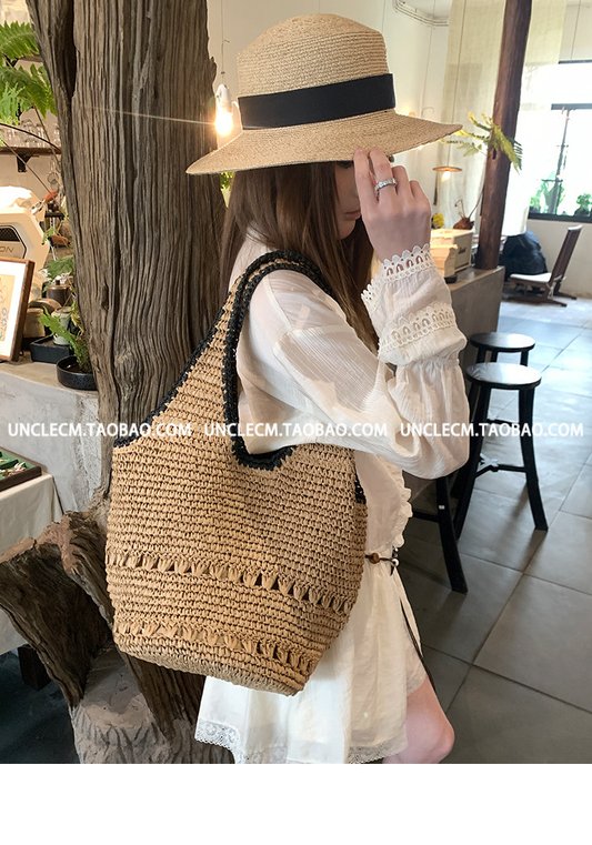Lazy Vacation Style Woven Tote Bag - Large Capacity, Crochet Hollow Out, Beach Shoulder Bag for Women