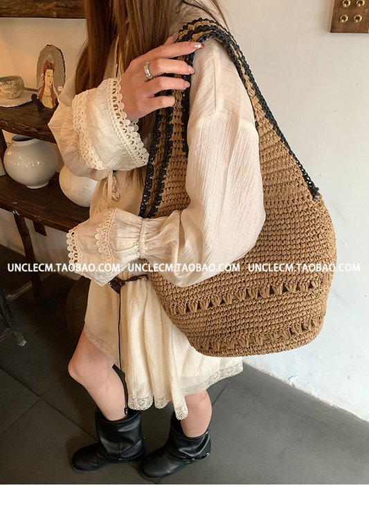 Lazy Vacation Style Woven Tote Bag - Large Capacity, Crochet Hollow Out, Beach Shoulder Bag for Women